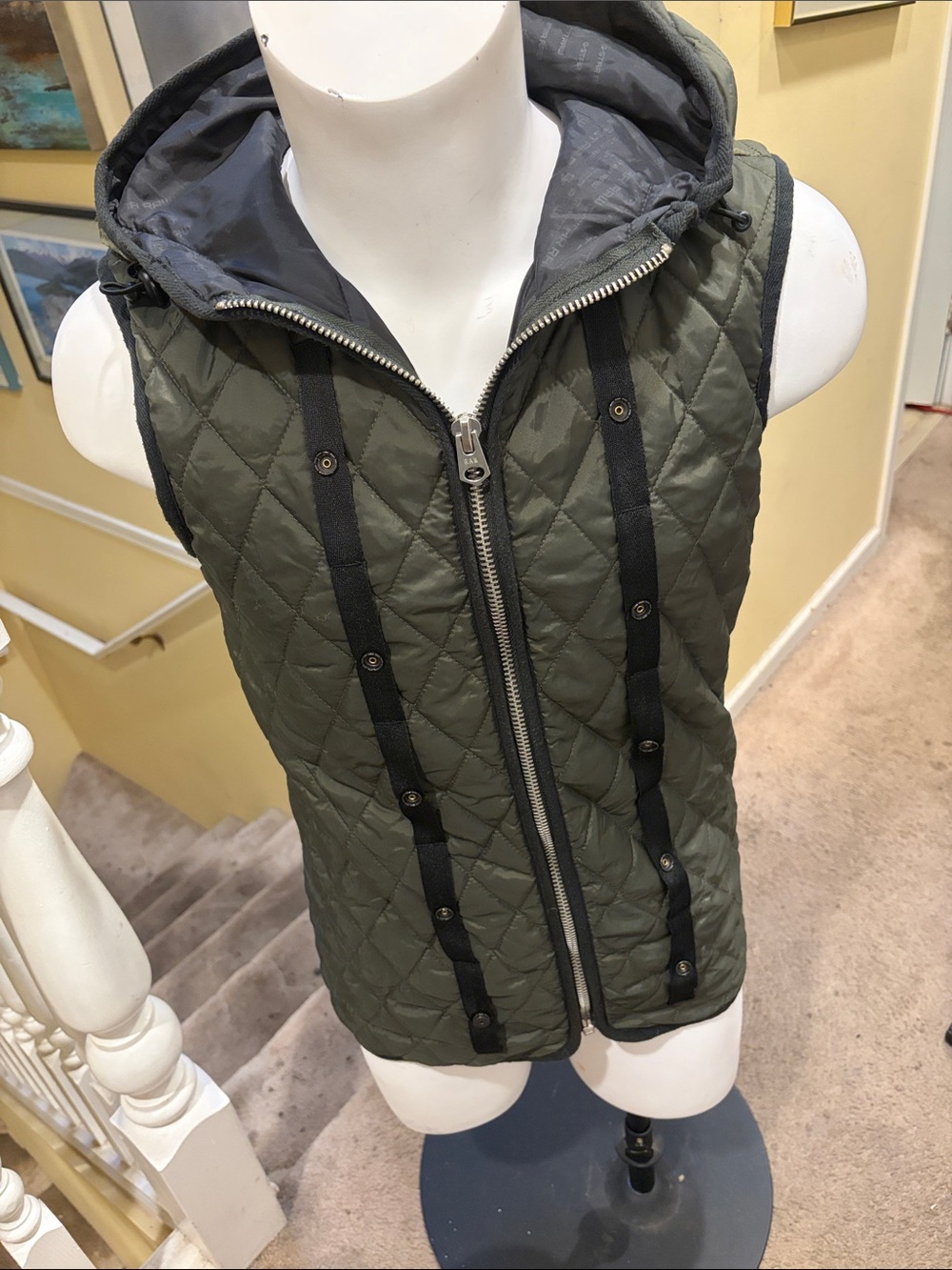 G-Star Quilted Hooded Vest in Olive with Black Trim